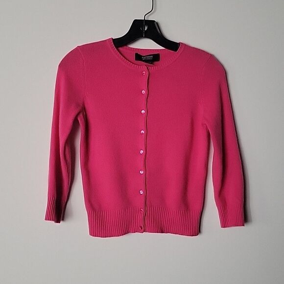 NEW VTG Express Pink XS Cashmere Sweater Cardigan Y2K Coquette Fitted 50s 60s